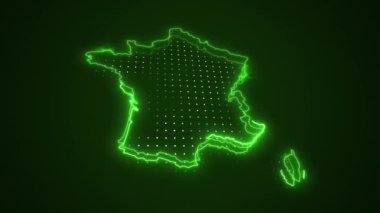 Neon Green France Haritası Sınır Çizgisi Döngü Arkaplanı. Neon Green Colored France Haritası Sınırları Kusursuz Döngüsüz Karanlık Arkaplan. Fransa Neon Haritası Sınır Çizgileri.