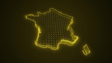 Neon Yellow France Haritası Çevre Çizgisi Döngü Arkaplanı. Neon Yellow Renkli Fransa Haritası Sınırları Kusursuz Döngüsüz Karanlık Arkaplan. Fransa Neon Haritası Sınır Çizgileri.
