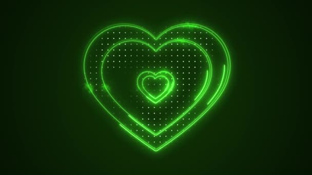 Beautiful Abstract Green Moving Heart Outline Shape Glowing Abstract Hearts — Stock Video