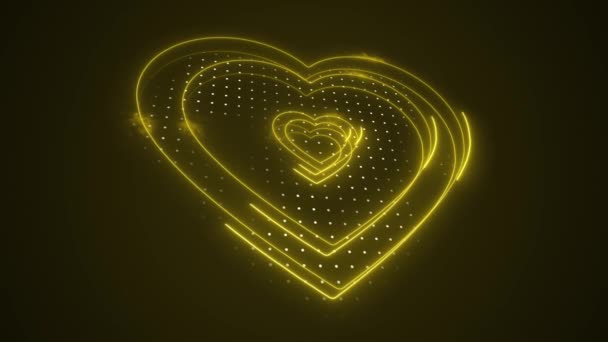 Vacker Abstrakt Gul Rörlig Hjärta Kontur Form Glödande Abstrakta Hjärtan — Stockvideo