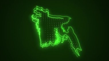 Neon Green Bangladeş Harita Sınırları Çevre Çizgisi Döngü Arkaplanı. Neon Green Colored Bangladeş Harita Sınırları Kusursuz Döngüsüz Karanlık Arkaplan. Bangladeş Neon Haritası Kenar Çizgileri.