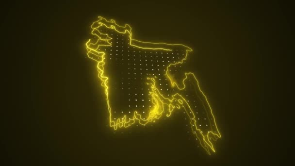 霓虹灯黄色孟加拉国地图边界轮廓圈背景 霓虹灯黄色孟加拉国地图边界轮廓无缝圈黑暗背景 孟加拉国Neon地图边界概要 — 图库视频影像