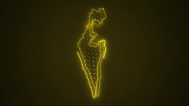 Neon Yellow Israel Harita Sınırları Çevre Çizgisi Döngü Arkaplanı. Neon Yellow Renkli İsrail Haritası Sınırları Kusursuz Döngüsüz Karanlık Arkaplan. İsrail Neon Haritası Sınır Çizgileri.