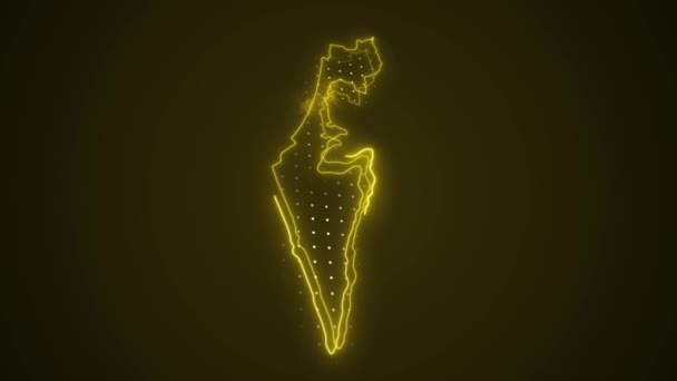 Neon Yellow Israel Map Borders Outline Loop Background Inglés Neón — Vídeos de Stock
