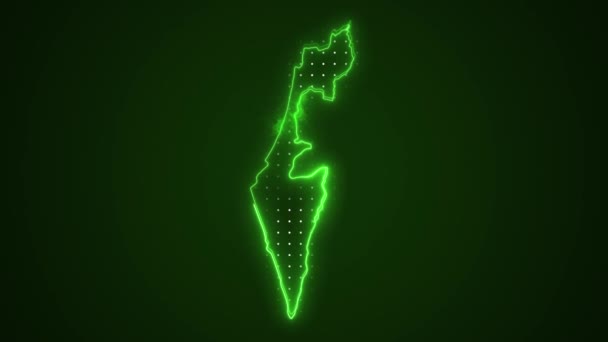 ネオン グリーン イスラエル 境界線 ループ ネオングリーンカラーイスラエル地図ボーダーアウトラインシームレスループダーク背景 イスラエルネオン地図国境線概要 — ストック動画