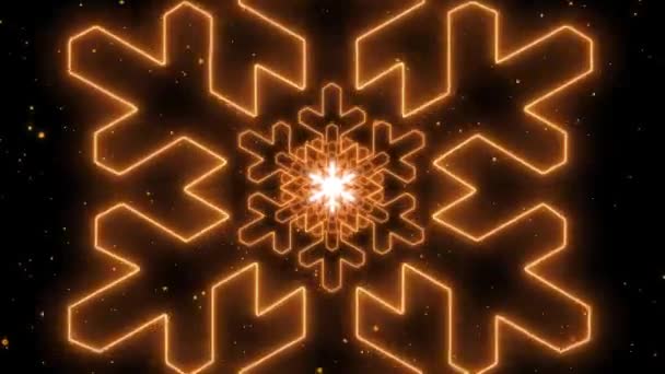 Neon Orange Lights Christmas Snowflake Tunnel Abstract Glow Particles Moving — Video Stock