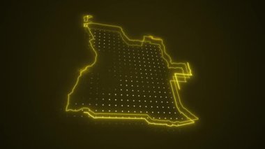 3 Boyutlu Hareketli Neon Sarı Angola Haritası Sınır Çizgisi Döngüsü Arkaplanı. Neon Sarı Renkli Angola Haritası Sınırları Kusursuz Döngüsüz Karanlık Arkaplan. Angola Neon Haritası Kenar Çizgileri.