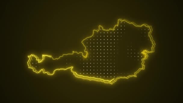霓虹灯黄色奥地利地图边界轮廓圈背景 霓虹灯黄色的奥地利地图边界轮廓无缝圈黑暗背景 奥地利Neon地图边界概要 — 图库视频影像