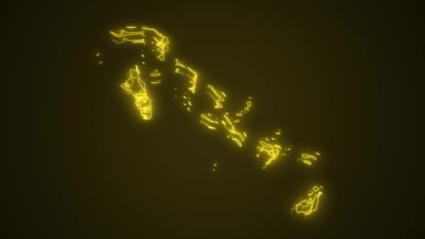 3D移動ネオンイエローバハママ図ボーダーアウトラインループ背景 ネオンイエローカラーのバハマ地図ボーダーは シームレスループダークバックグラウンドを概説します バハマ ネオン 境界線 — ストック動画