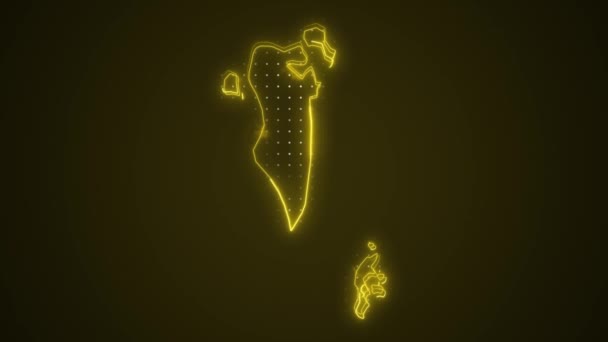 3D移动霓虹灯黄巴林地图边界轮廓背景 霓虹灯黄色的巴林地图边界轮廓无缝圈黑暗背景 巴林霓虹灯地图边界概要 — 图库视频影像