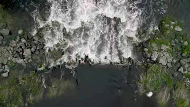 小瀑布河静止不动的顶部视图 水流穿石卵石小瀑布空降无人机射中 春天的日子里 河水滔滔流淌 电影中的无人机镜头4K — 图库视频影像