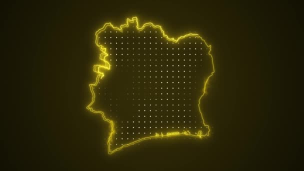 Bewegende Neon Gele Ivoorkust Kaart Grenzen Achtergrond Van Lus — Stockvideo