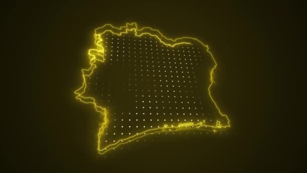 Flytning Neon Gul Elfenbenskysten Kort Grænser Outline Loop Baggrund – Stock-video