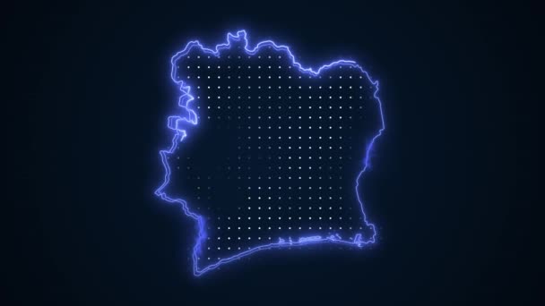 Movendo Neon Azul Costa Marfim Mapa Fronteiras Esboço Loop Fundo — Vídeo de Stock