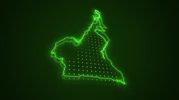Moving Neon Zielony Kamerun Verde Mapa Granice Zarys Pętli Tło — Wideo stockowe