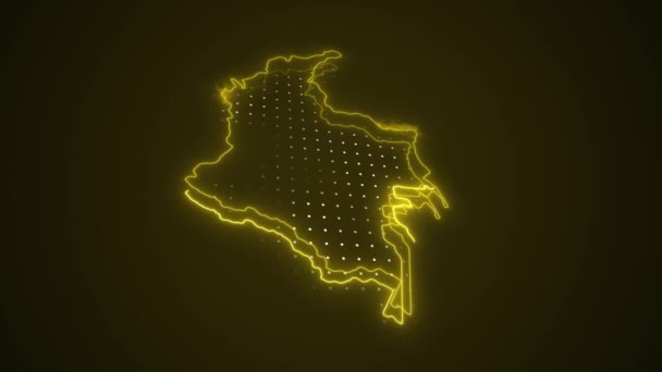 Mover Neón Amarillo Colombia Mapa Fronteras Esquema Bucle Fondo — Vídeo de stock