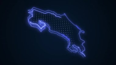 3D Hareketli Neon Mavi Kosta Rika Haritası Çevre Çizgisi Döngüsü Arkaplanı