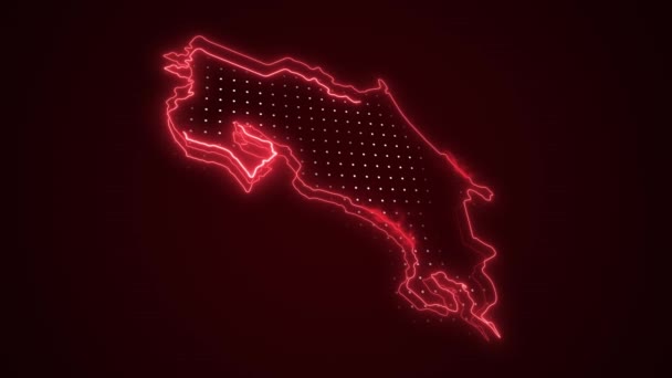Moving Neon Czerwony Kostaryka Mapa Granice Zarys Pętli Tło — Wideo stockowe