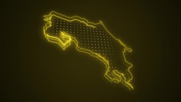 Moving Neon Yellow Costa Rica Map Borders Outline Loop Background — стоковое видео