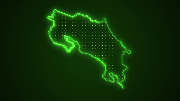 Movimiento Neón Verde Costa Rica Mapa Fronteras Esquema Bucle Fondo — Vídeos de Stock