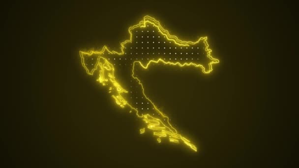 Movendo Neon Amarelo Croácia Mapa Fronteiras Esboço Loop Fundo — Vídeo de Stock
