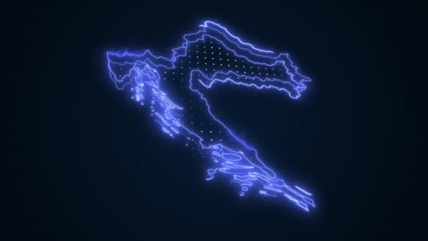 3D移動ネオンブルークロアチア地図ボーダーアウトラインループ背景 — ストック動画