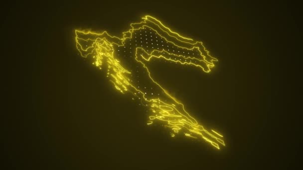 3D移动霓虹灯黄色克罗地亚地图边界轮廓循环背景 — 图库视频影像