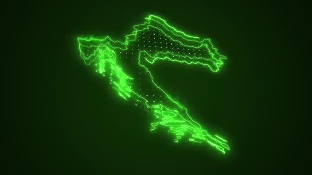 3D移動ネオングリーンクロアチア地図ボーダーアウトラインループ背景 — ストック動画