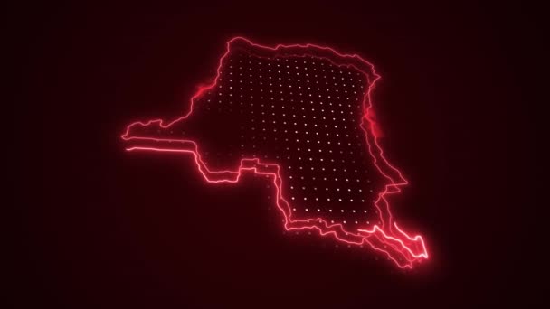 Movendo Neon República Democrática Vermelha Congo Mapa Fronteiras Esboço Loop — Vídeo de Stock