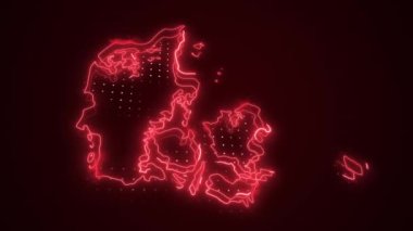 3 Boyutlu Hareketli Neon Kırmızı Danimarka Haritası Kenar Kenarlıkları Döngü Çizgisi Arkaplanı