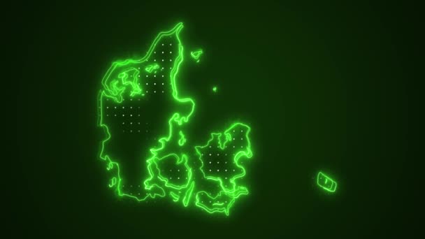 Boyutlu Hareketli Neon Yeşil Danimarka Haritası Kenar Kenarlıkları Döngü Çizgisi — Stok video