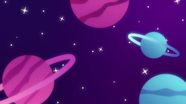 Renkli animasyon uzay sahnesi. Canlı gezegenler, halkalar ve ışıldayan yıldızlar.