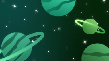 Yeşil animasyon uzay sahnesi. Canlı gezegenler, halkalar ve ışıldayan yıldızlar.