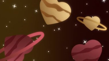 Turuncu ve Kırmızı animasyon uzay sahnesi. Canlı gezegenler, halkalar ve ışıldayan yıldızlar.