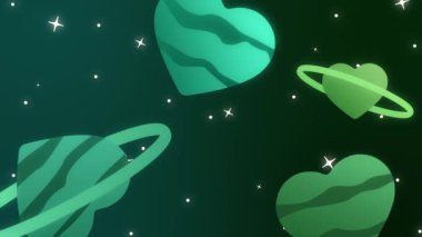Yeşil animasyon uzay sahnesi. Canlı gezegenler, halkalar ve ışıldayan yıldızlar.