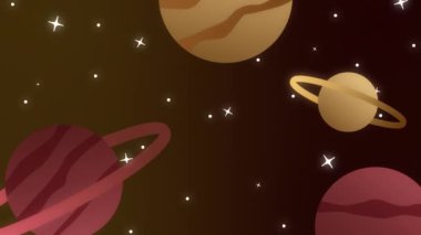 Turuncu ve Kırmızı animasyon uzay sahnesi. Canlı gezegenler, halkalar ve ışıldayan yıldızlar.