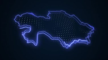 3D Hareketli Neon Mavi Kazakistan Haritası Kenar Kenarlıklarının Döngüsü Arkaplanı