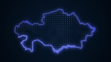 3D Hareketli Neon Mavi Kazakistan Haritası Kenar Kenarlıklarının Döngüsü Arkaplanı