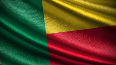 Gerçekçi Benin bayrağı ipeksi bir dalga dokusuna sahip, yeşil, sarı ve kırmızı renkli üç renkli tasarım birliği, zenginliği ve cesareti simgeliyor..