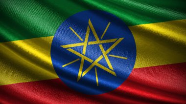 Realistic Ethiopia flag featuring a silky wave texture, horizontal stripes of green, yellow, and red with a central blue circle and yellow star symbolizing unity and hope. clipart