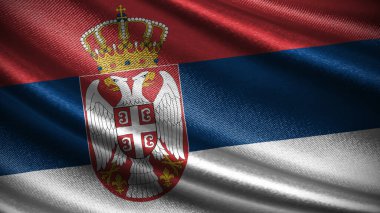 Realistic Serbia flag featuring a silky wave texture, with red, blue, and white horizontal stripes and a coat of arms symbolizing the nation's history, unity, and pride. clipart