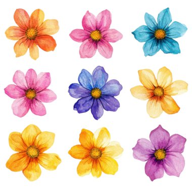 Suluboya Çiçek Clipart, pastel renkli çiçeklerin beyaz arka planda vektör çizimi, klipsli sanat seti