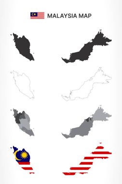 Detailed Malaysia Map Collection with Outline, Silhouette, States, and Flag Overlay Variations clipart