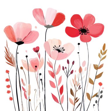 Modern watercolor illustration of red and pink wildflowers with abstract botanical elements clipart