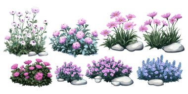 Renkli dijital illüstrasyon çeşitli pembe, mor ve mavi çalıları gösteriyor dağınık beyaz taşlar, bahçe ve peyzaj tasarımları için mükemmel.