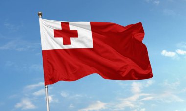 Rüzgarda dalgalanan Tonga bayrağı, üzerinde beyaz bir dikdörtgen ve köşesinde koyu kırmızı haç bulunan kırmızı bir tarla