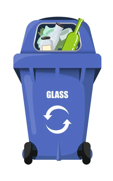 Blaue Vektor Mülltonne Für Glas Mit Müll — Stockvektor