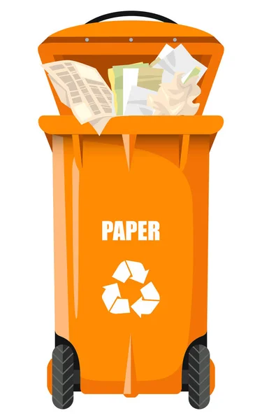 Gelbe Vektor Müllcontainer Für Papier Mit Müll — Stockvektor