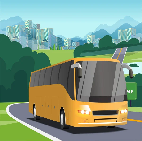 stock vector vector yellow bus on a city background