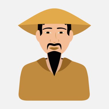 Beyaz arka planda izole edilmiş şapka giyen Çinli adamın vektör simgesi